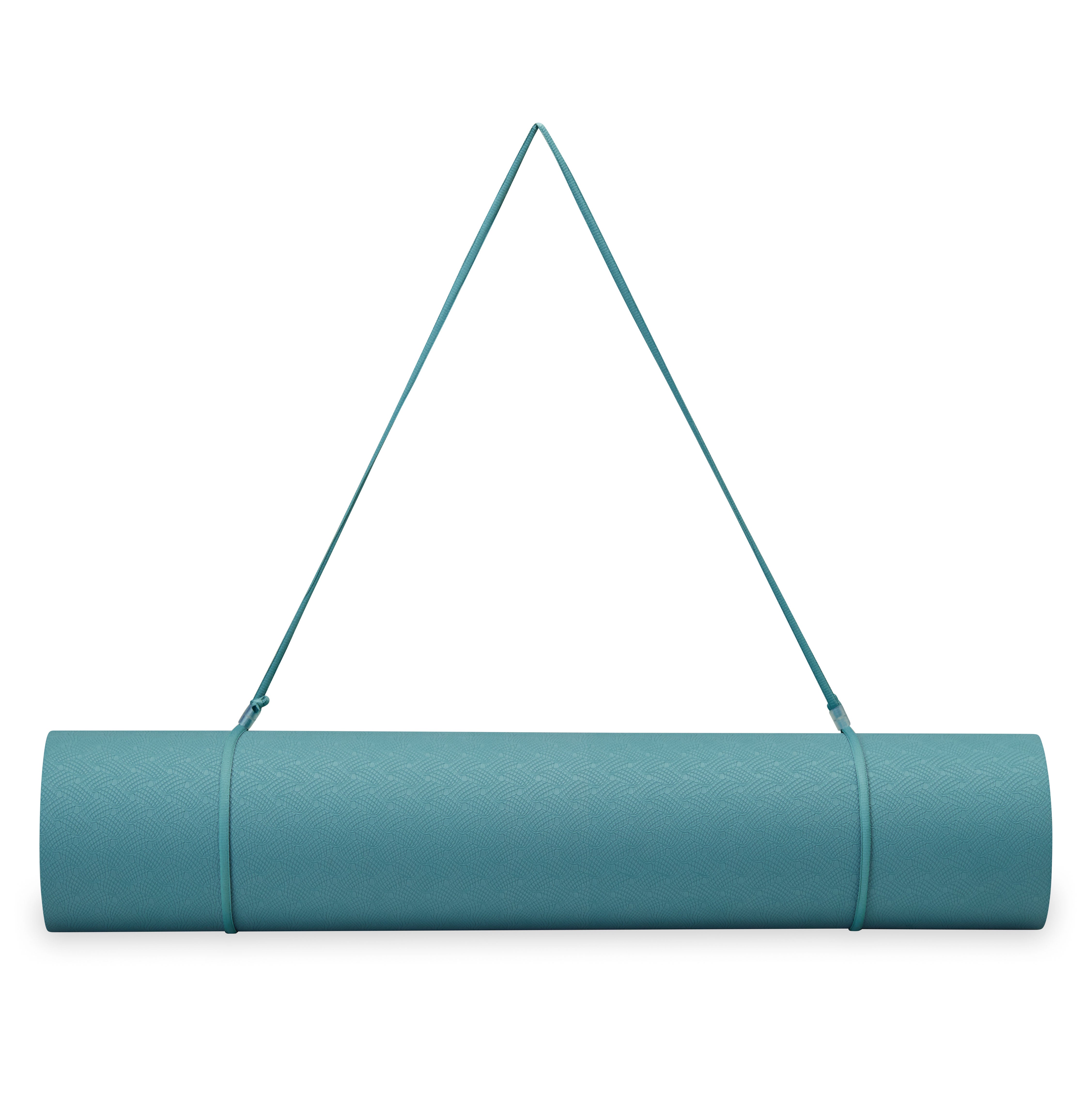 Gaiam Performance Yoga Mat (6mm) Seafoam/Dusty Pink rolled up with sling